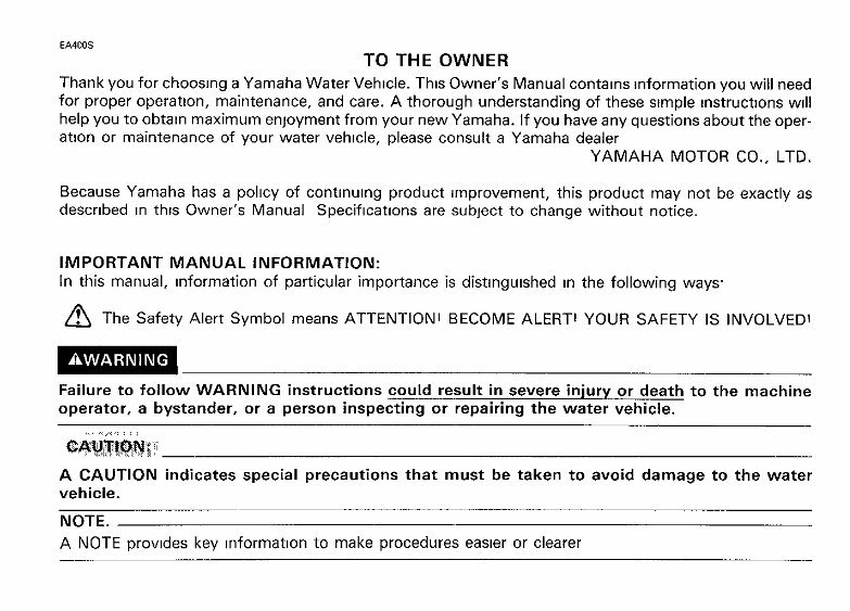 Yamaha 650TL Marine Jet Waverunner III Owners Manual preview img 4