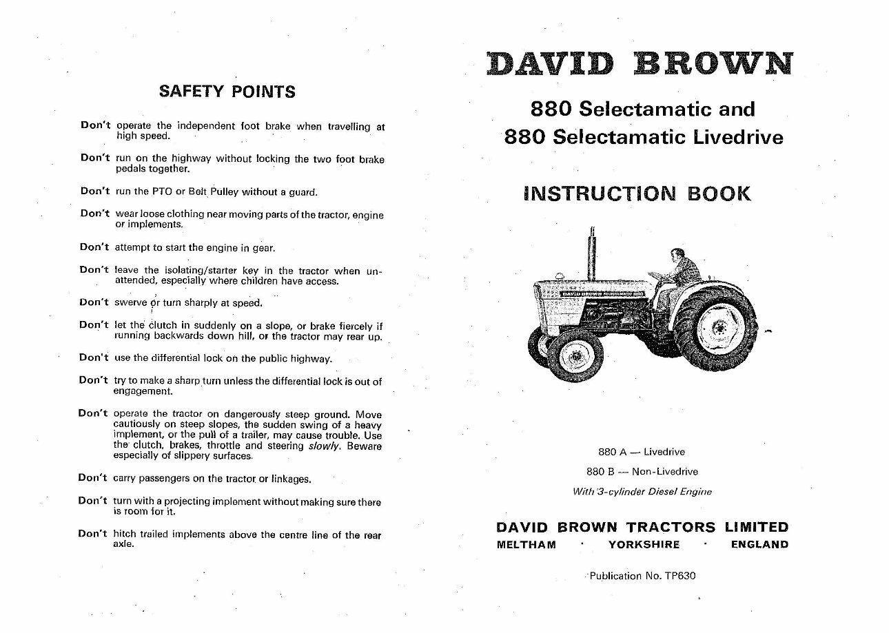 David Brown 880 Selectamatic /Selectamatic Livedrive Instruction Manual preview img 2