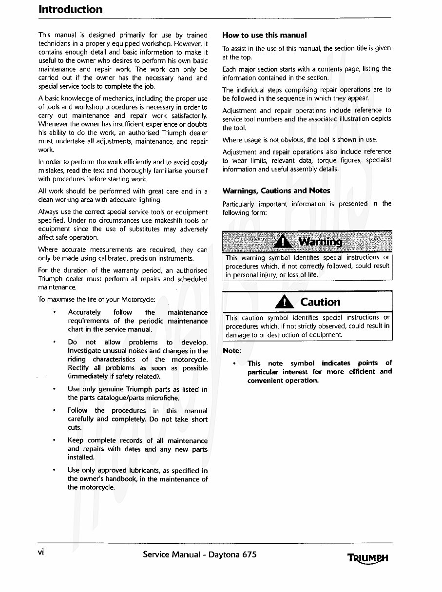 TRIUMPH DAYTONA 675 Service & Repair Manual (2006 2007) - ! preview img 6
