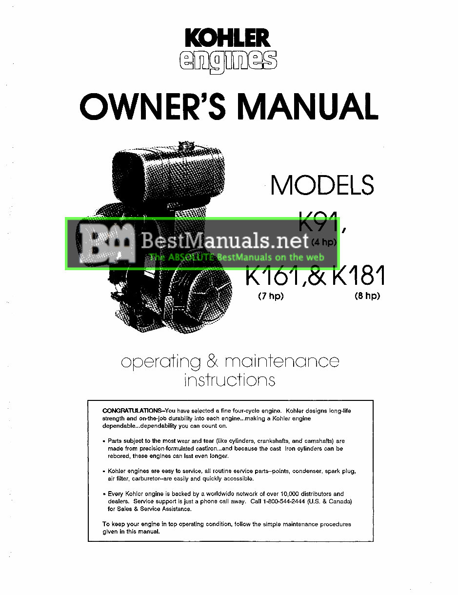Kohler K91 K141 K161 K181 K241 K301 K321 K341 Single Cylinder Engine Workshop Service & Repair Manual preview img 1
