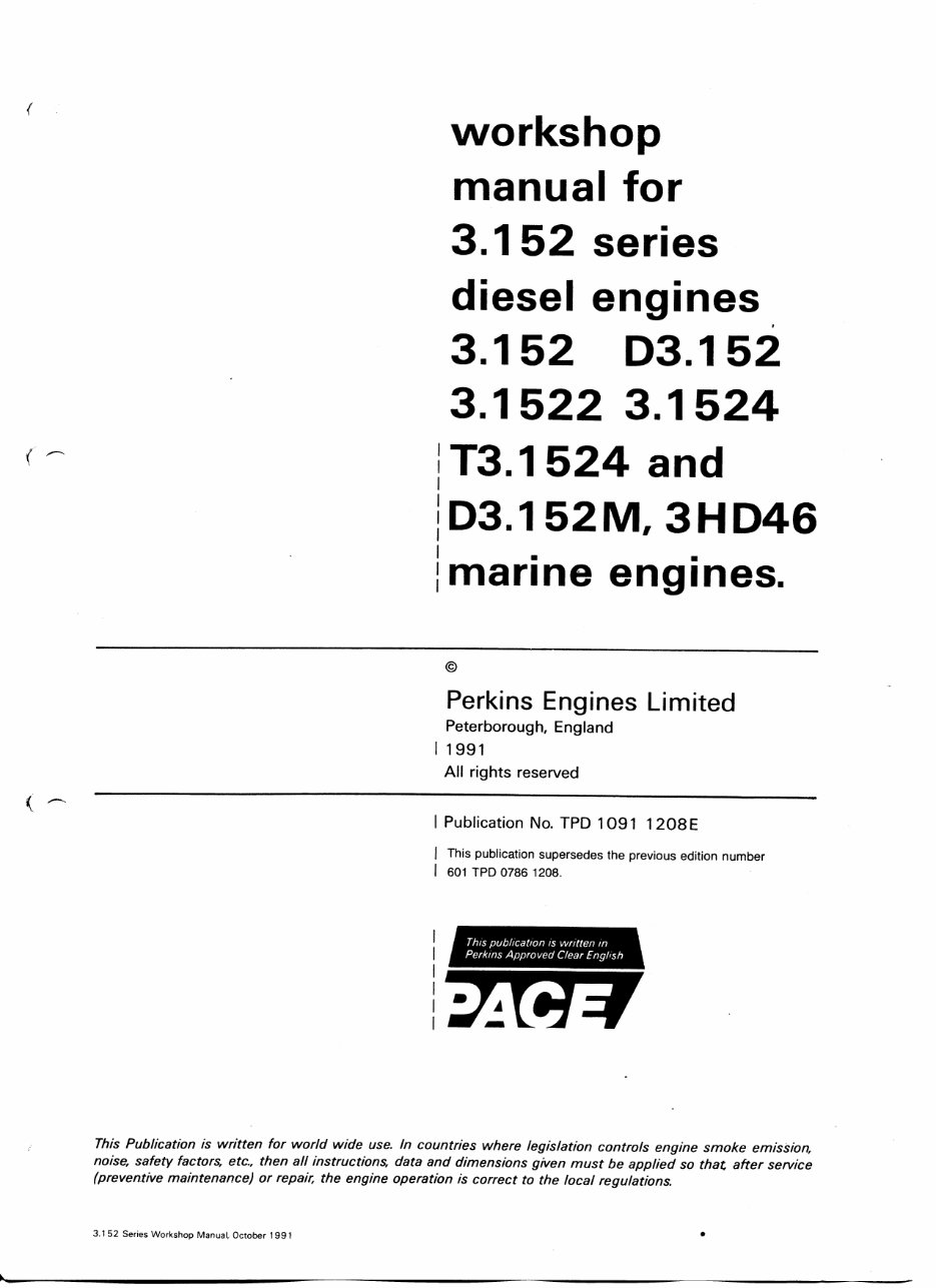 1991-Onwards Perkins 3.152 Series Diesel Marine Engine Service & Repair Manual preview img 1