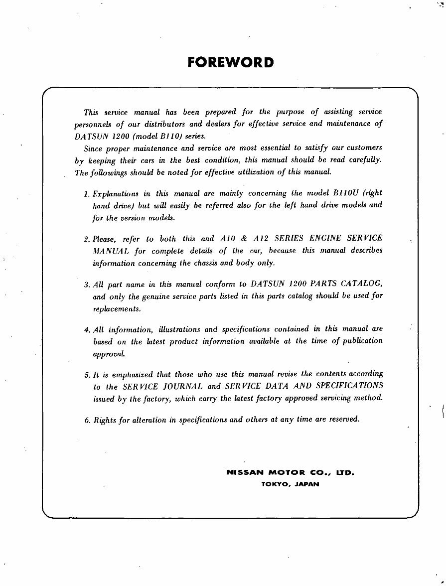 Datsun 1200 B110 Series Chassis & Body Service & Repair Manual preview img 3