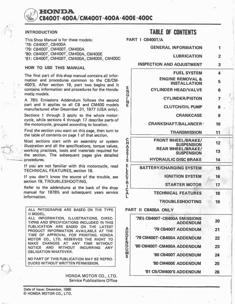 1977-1981 Honda CB250T CB400T Hawk CB400A Hondamatic Motorcycle Repair Manual preview img 2