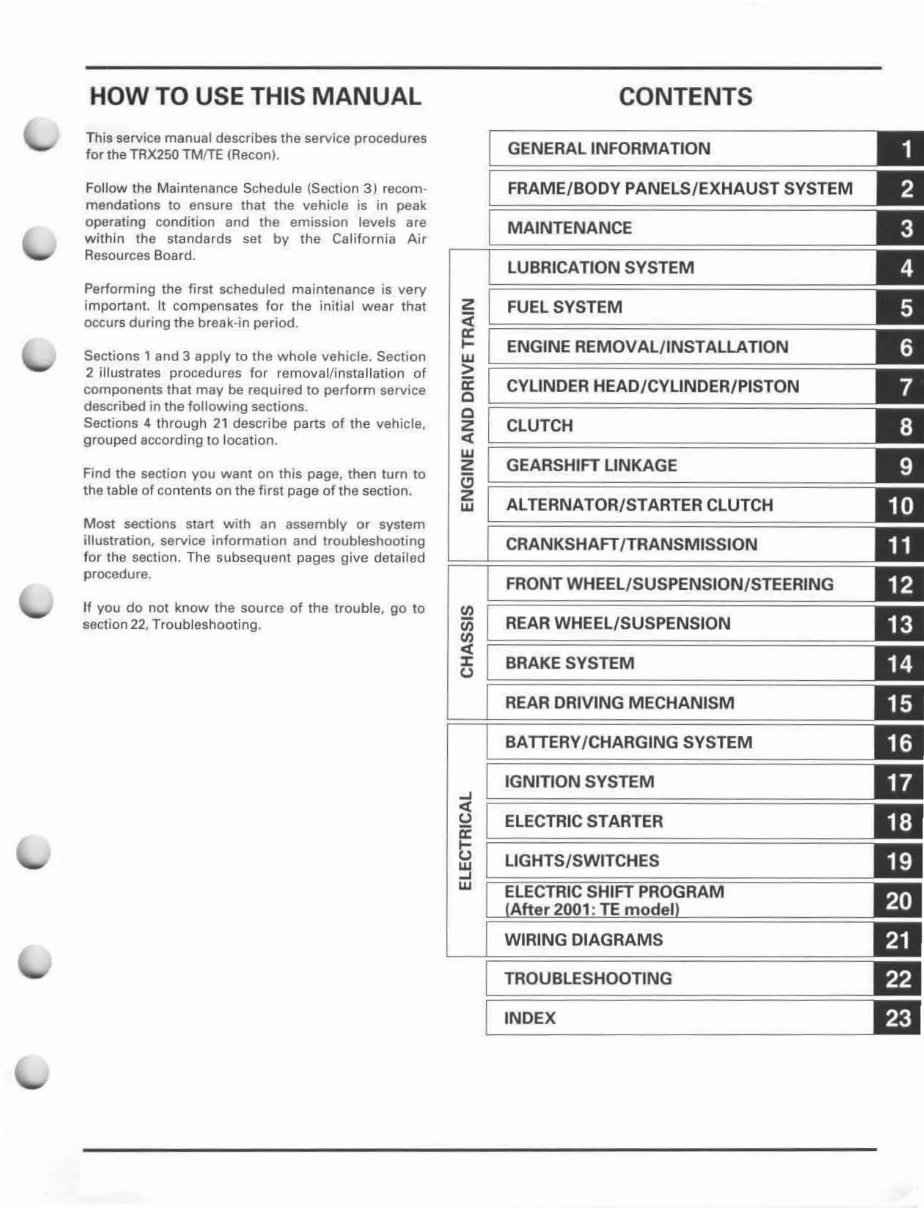 1997-2001 Honda TRX250 Fourtrax Recon ATV Repair Manual preview img 3