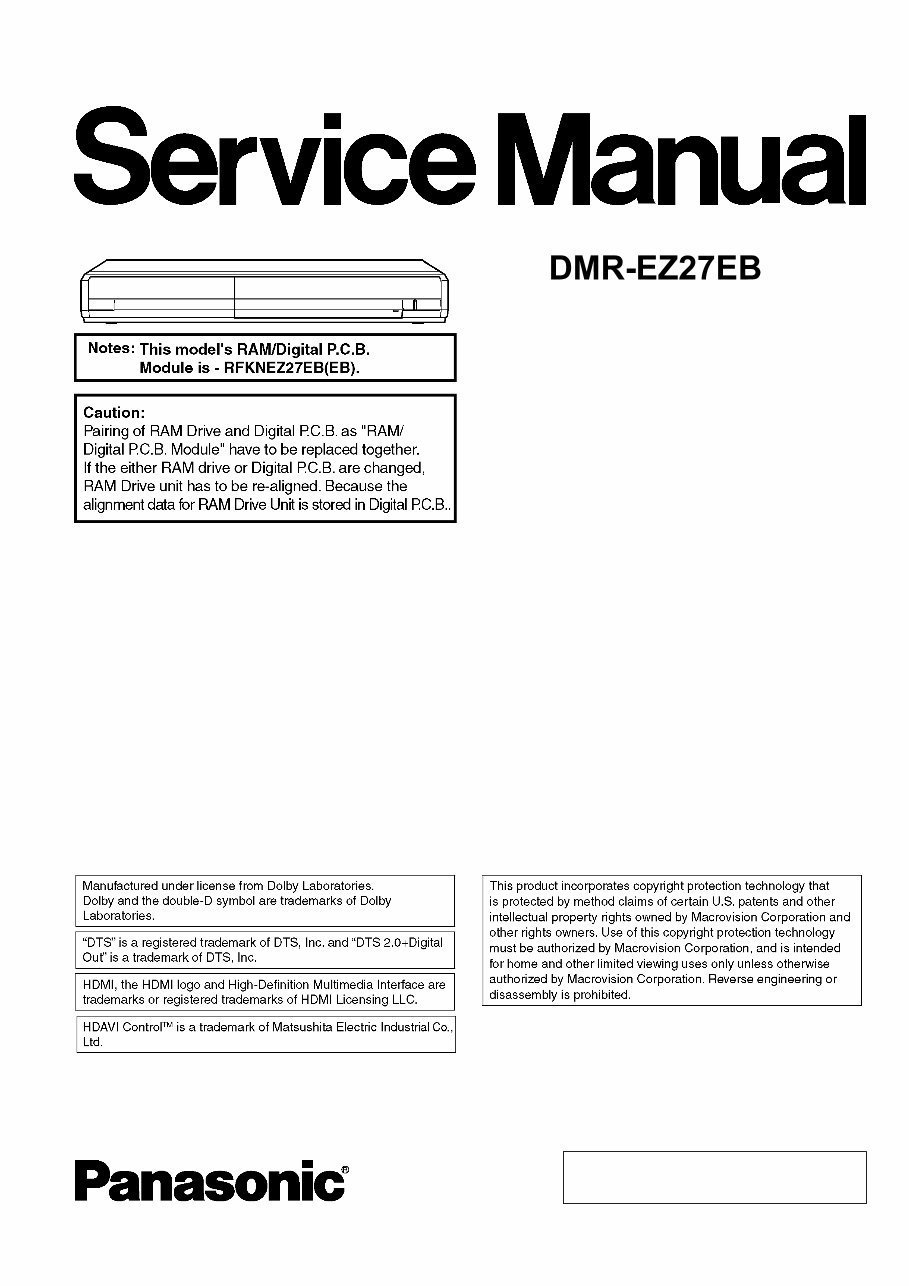 Panasonic DMR-EZ27 EZ27EB Service Manual and Repair Guide preview img 1