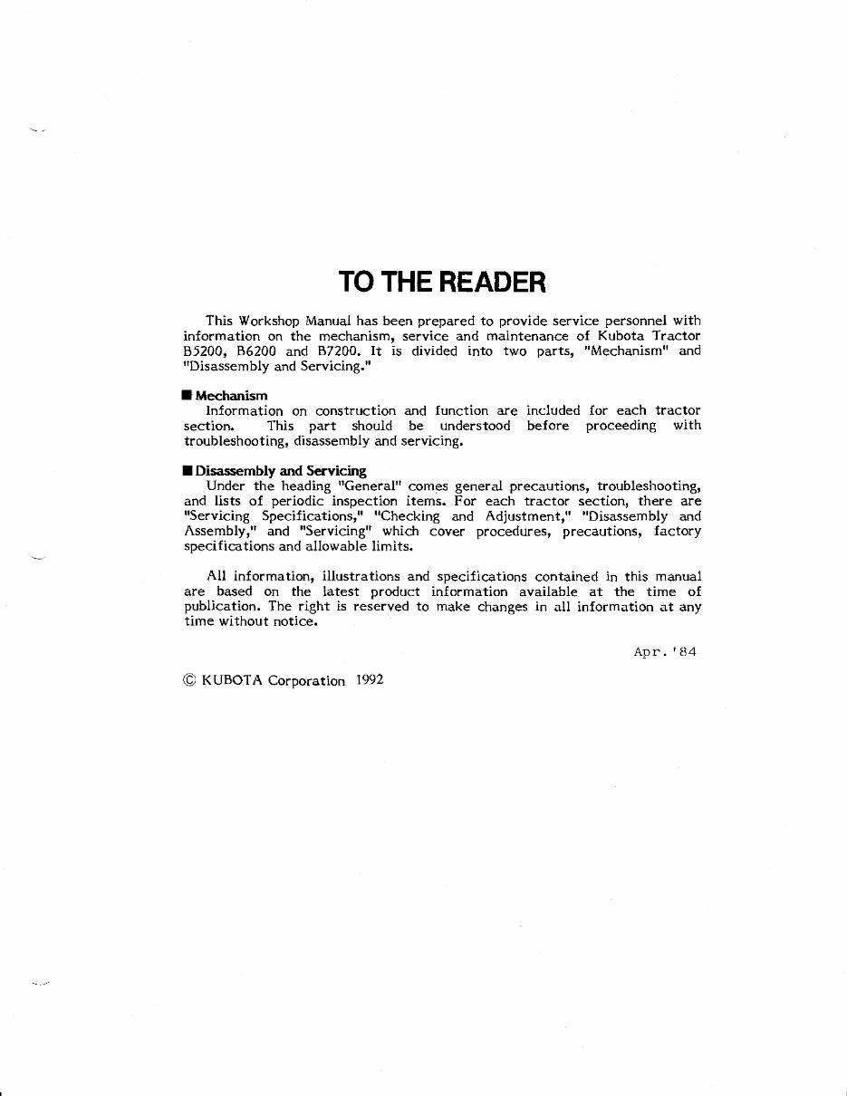 Kubota B5200/B6200/B7200/B6200HST/B7200HST Tractors OEM Service & Repair Manual preview img 2