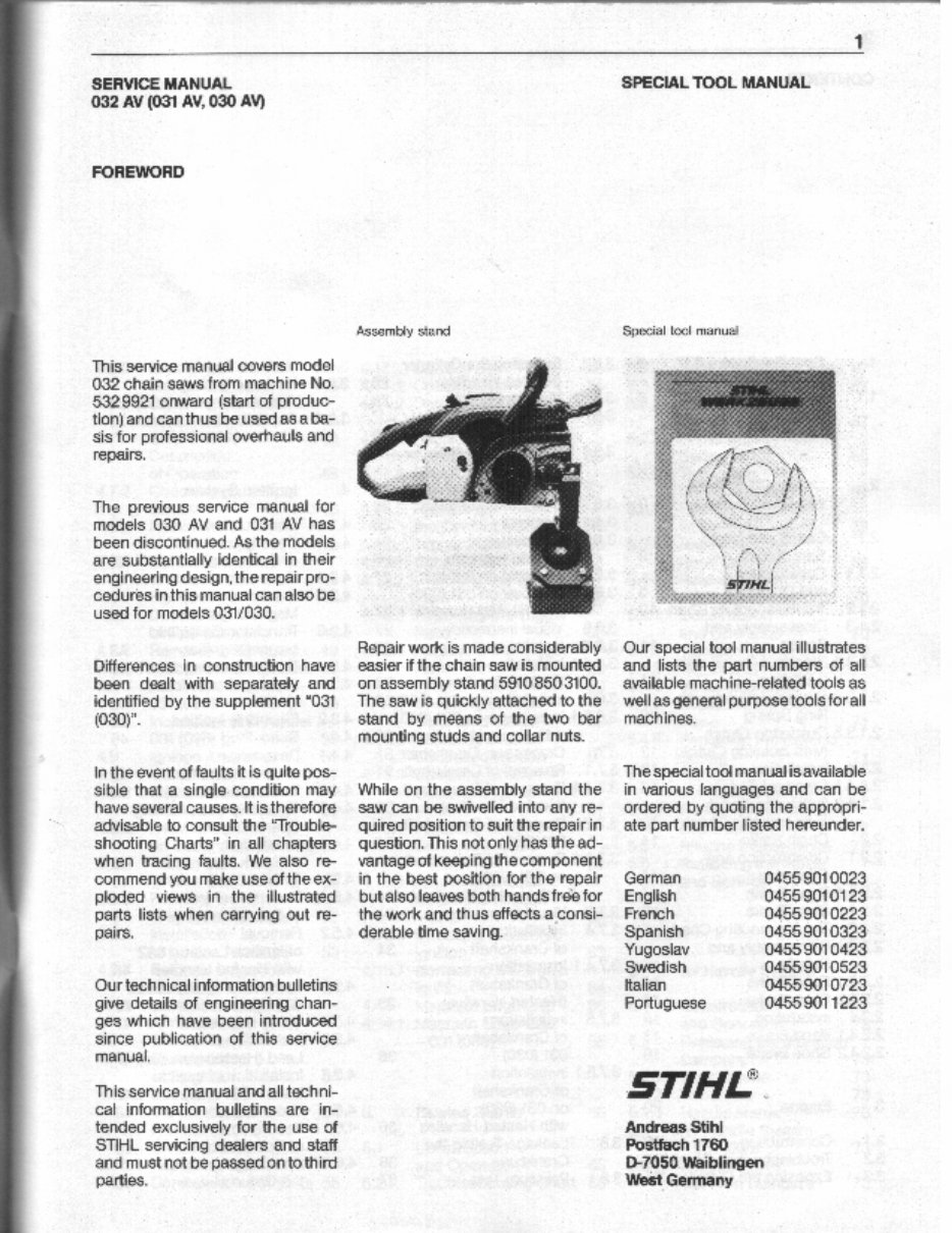 Stihl 030 031 032 Chain Saws Service Repair Workshop Manual preview img 2