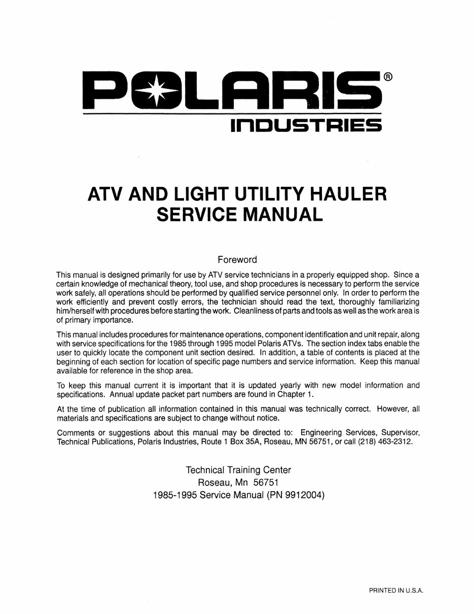 POLARIS 300 400 2X4 4X4 ATV Full Service & Repair Manual 1994-1995 preview img 2