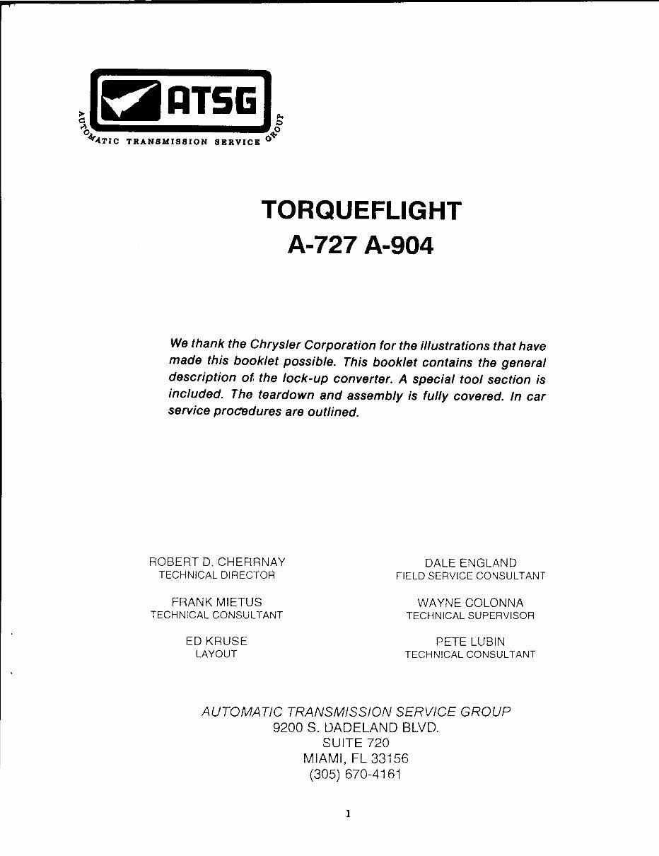 Chrysler A727 A-727 A-904 A904 AUTO Gearbox Workshop Manual preview img 1