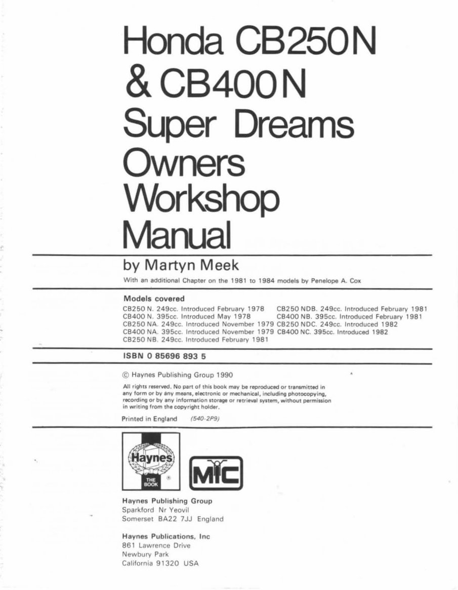 1978-1984 Honda CB250N Super Dream Service & Repair Manual preview img 2