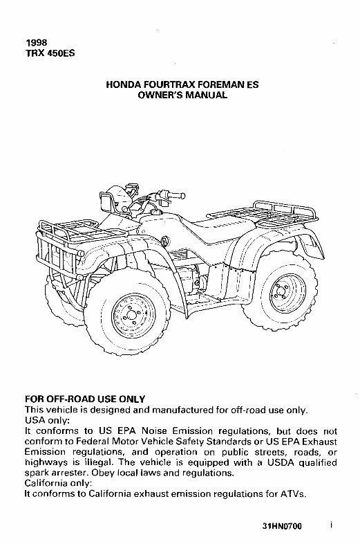 98 Honda ATV TRX450ES FourTrax Foreman ES 1998 Owners Manual preview img 2
