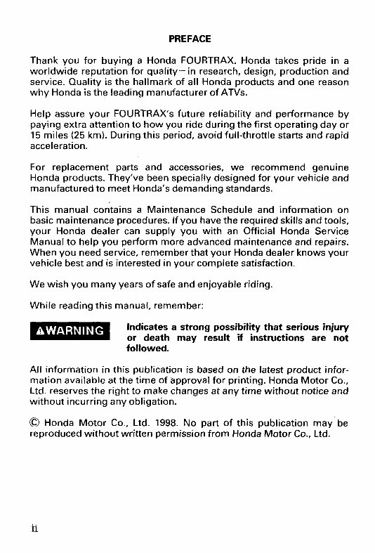 98 Honda ATV TRX450ES FourTrax Foreman ES 1998 Owners Manual preview img 3