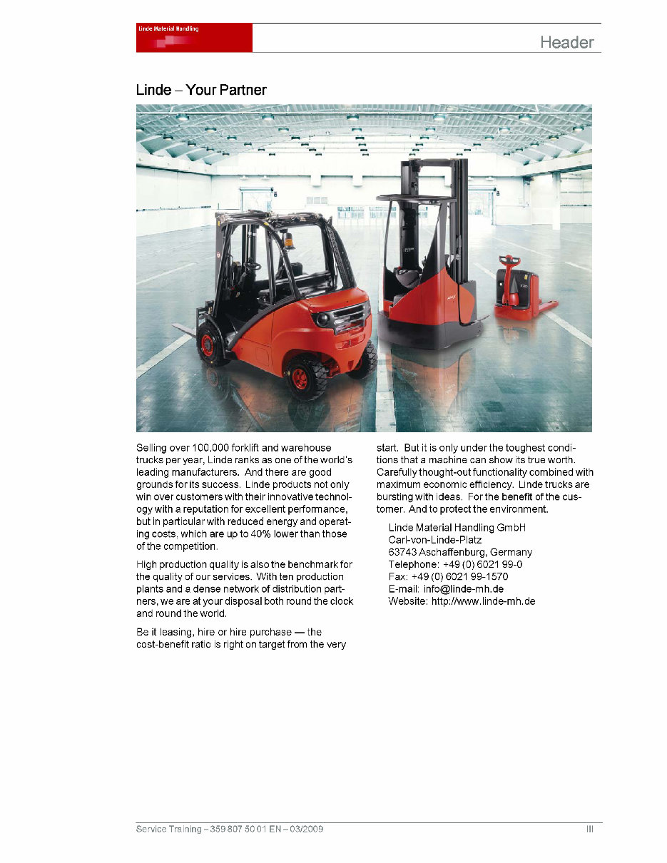 Linde Forklift Truck Type 359: H100, H120, H140, H160, H180 Service Training (Workshop) Manual preview img 3