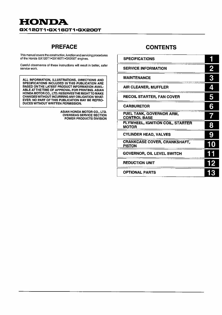 Honda GX120 T1, GX160 T1, GX200 T Engine Workshop Service Repair Manual preview img 1