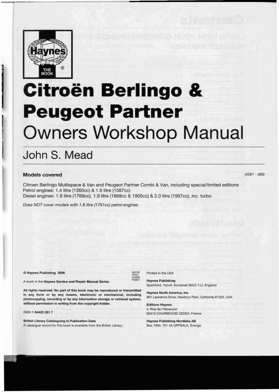 1996-2008 Citroen Berlingo Petrol & Diesel Repair Manual preview img 1