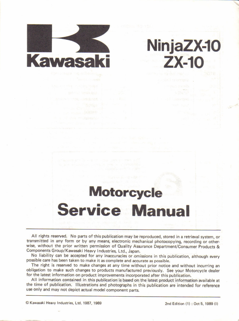 Kawasaki ZX10 Ninja (1988 to 1990) service manual | Download Manual