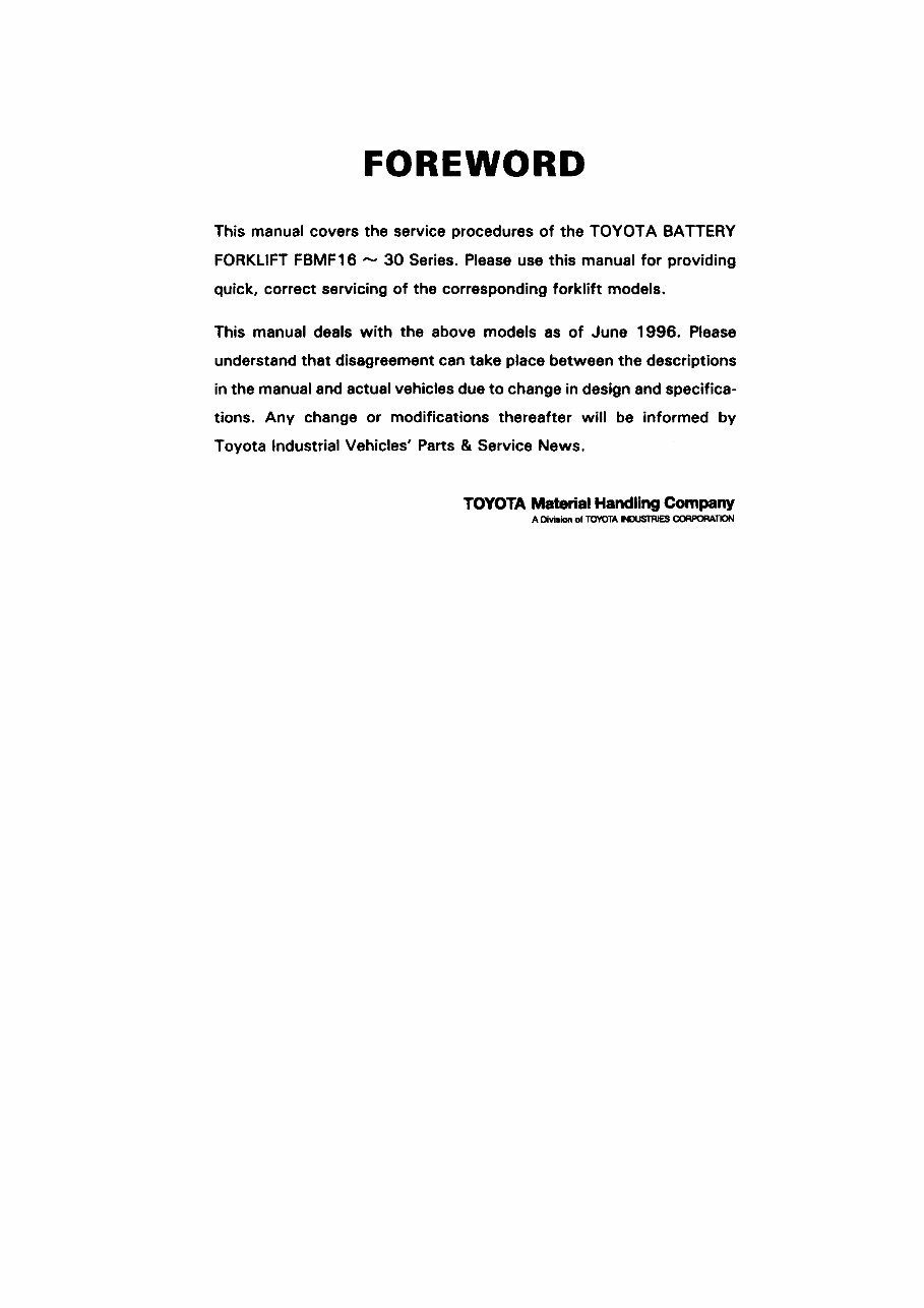 Toyota (BT) Electric Forklift Truck: FBMF16, FBMF20, FBMF25, FBMF30 Workshop Service Manual preview img 2
