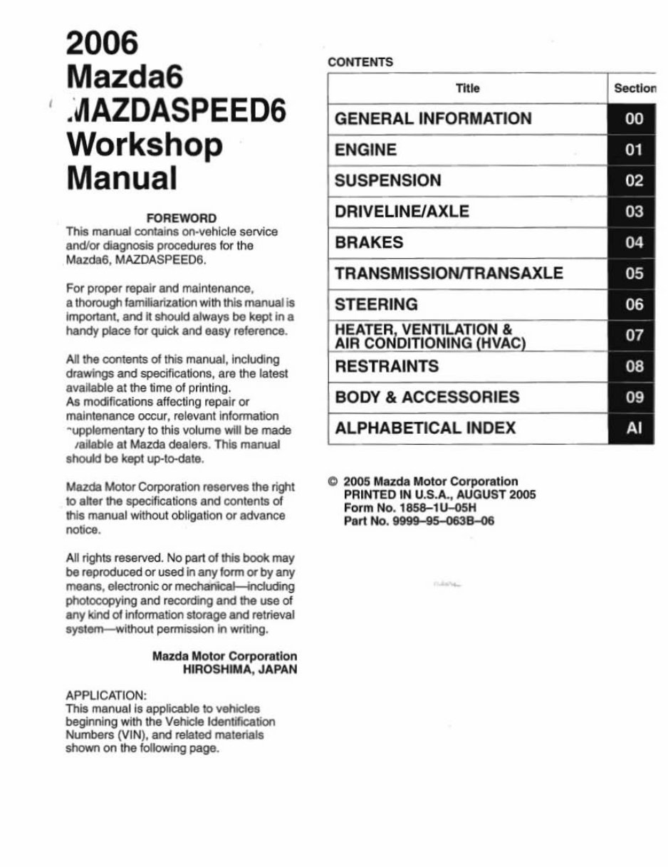 2006 Mazda6 / Mazdaspeed6 Service & Repair Manual preview img 1