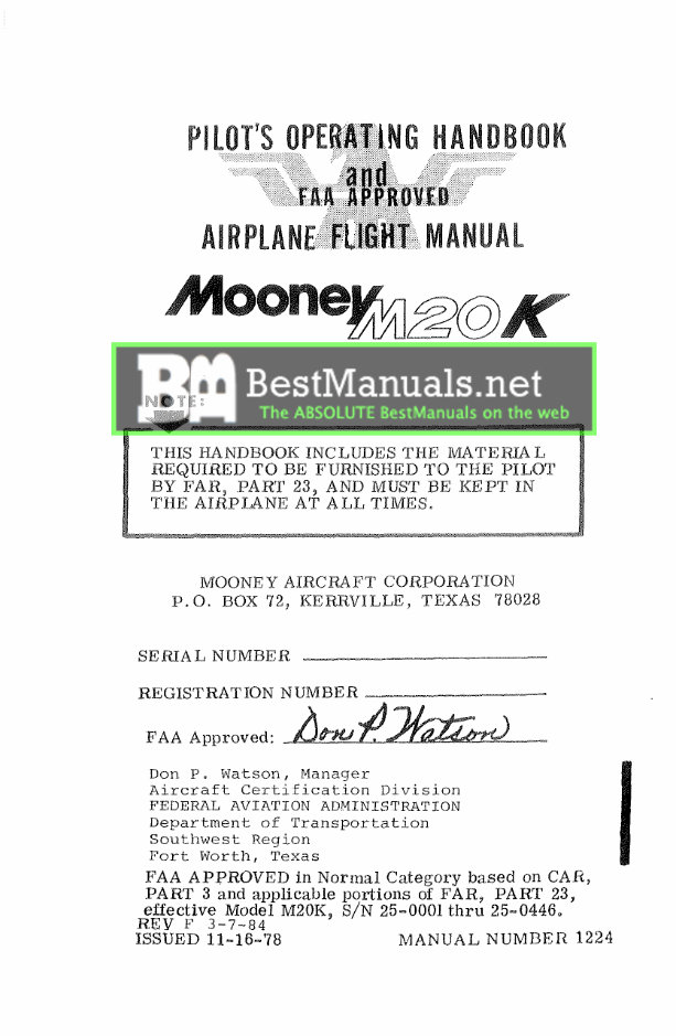 Mooney M20K (231) Pilot's Operating Handbook & Airplane Flight Manual preview img 1