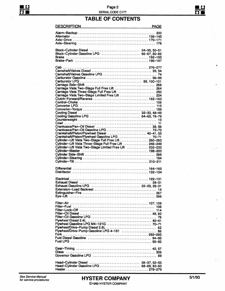 HYSTER Challenger C177 (H40XL, H50XL, H60XL, H2.00XL, H2.50XL, H3.00XL) Forklift Service Repair Manual + Parts Manual preview img 3