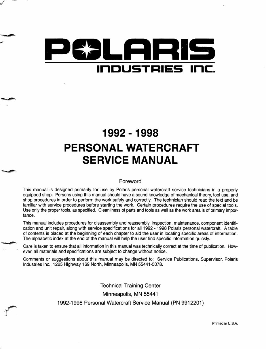 1992-1998 Polaris Watercraft Jet Ski Service & Repair Manual preview img 1