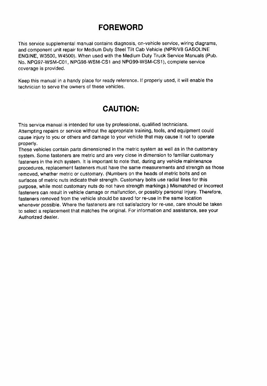 1997-2001 Isuzu Truck Forward Tiltmaster NPR W4 4000 V8 EFI Gasoline Engine Service & Repair Manual preview img 2