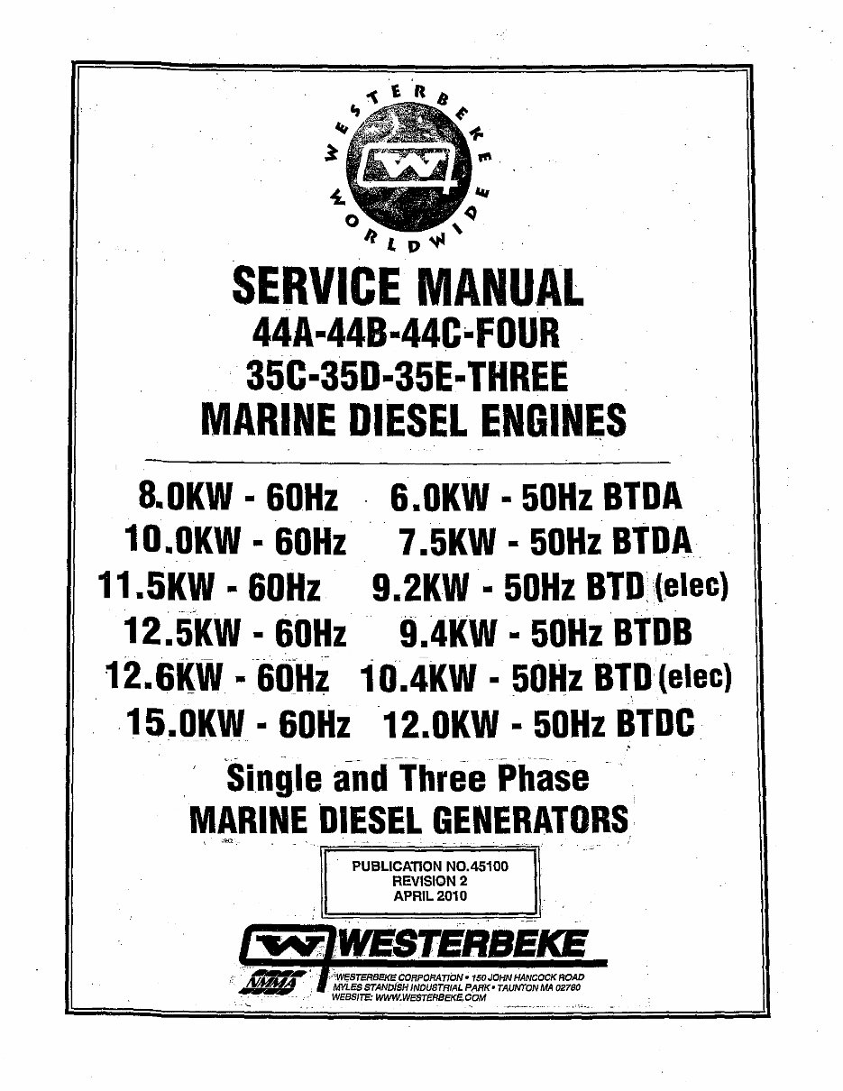 WESTERBEKE Multi-port ELECTRONIC FUEL INJECTION Marine GASOLINE Generator Single Phase*Factory Service / Repair/ Workshop Manual preview img 1