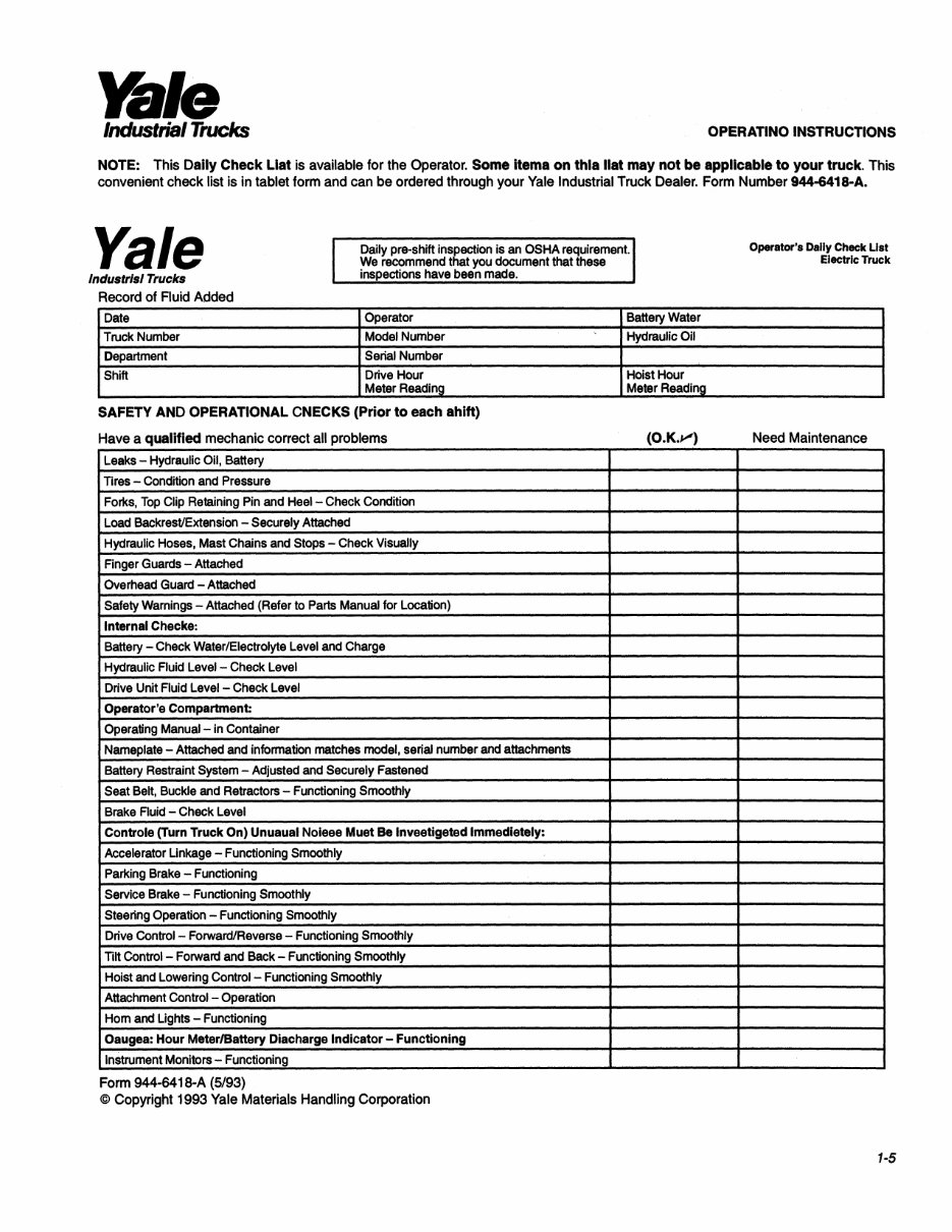 Yale NR 040 AD Electric Forklift Factory Service & Work Shop Manual preview img 10
