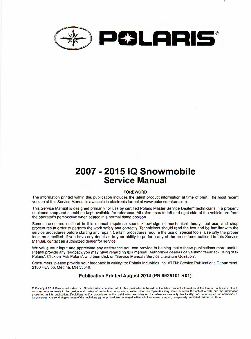 2007-2015 Polaris IQ Chassis Snowmobile Repair Manual preview img 2