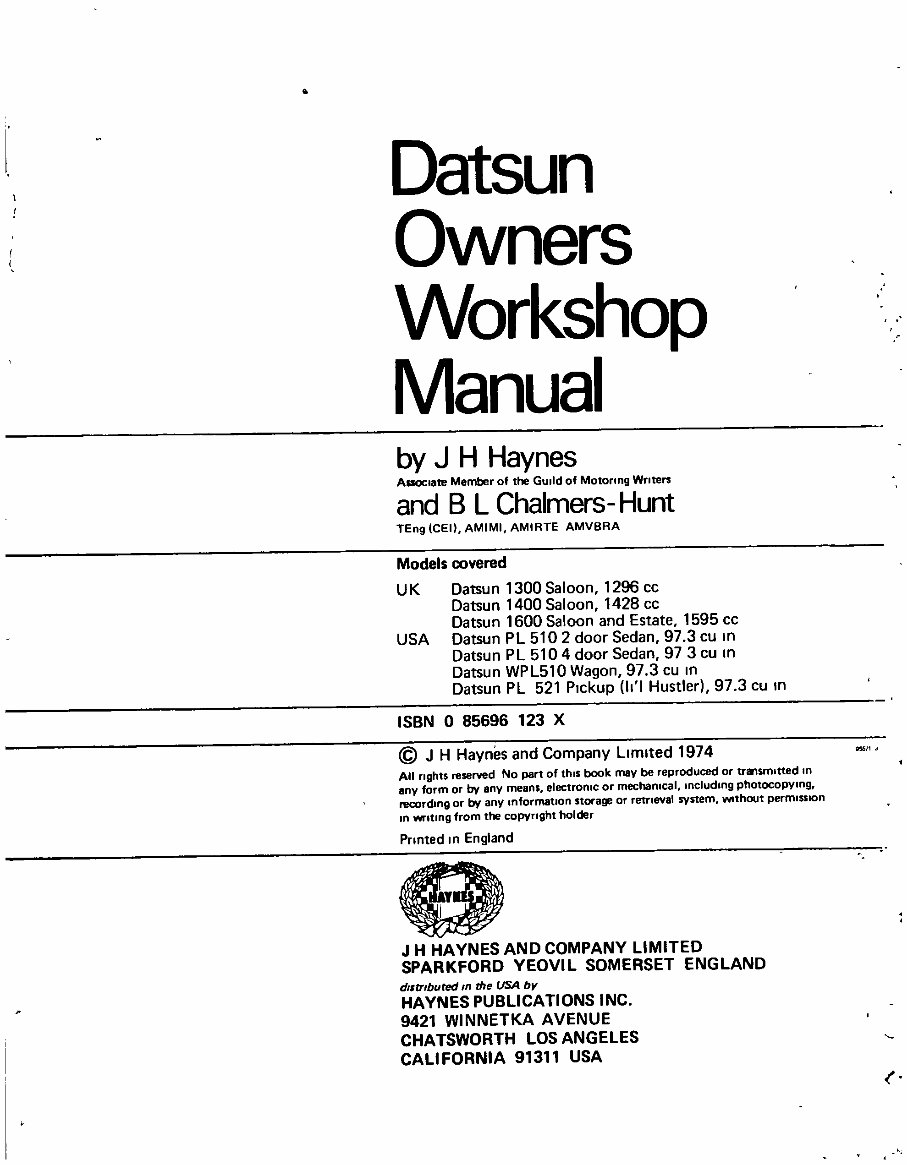 1968-1973 Datsun 510 and PL 521 Pick-Up Service & Repair Manual preview img 2