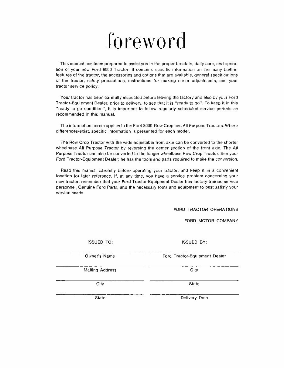 FORD New HOLLand 8000 Tractor Operators Manual preview img 2