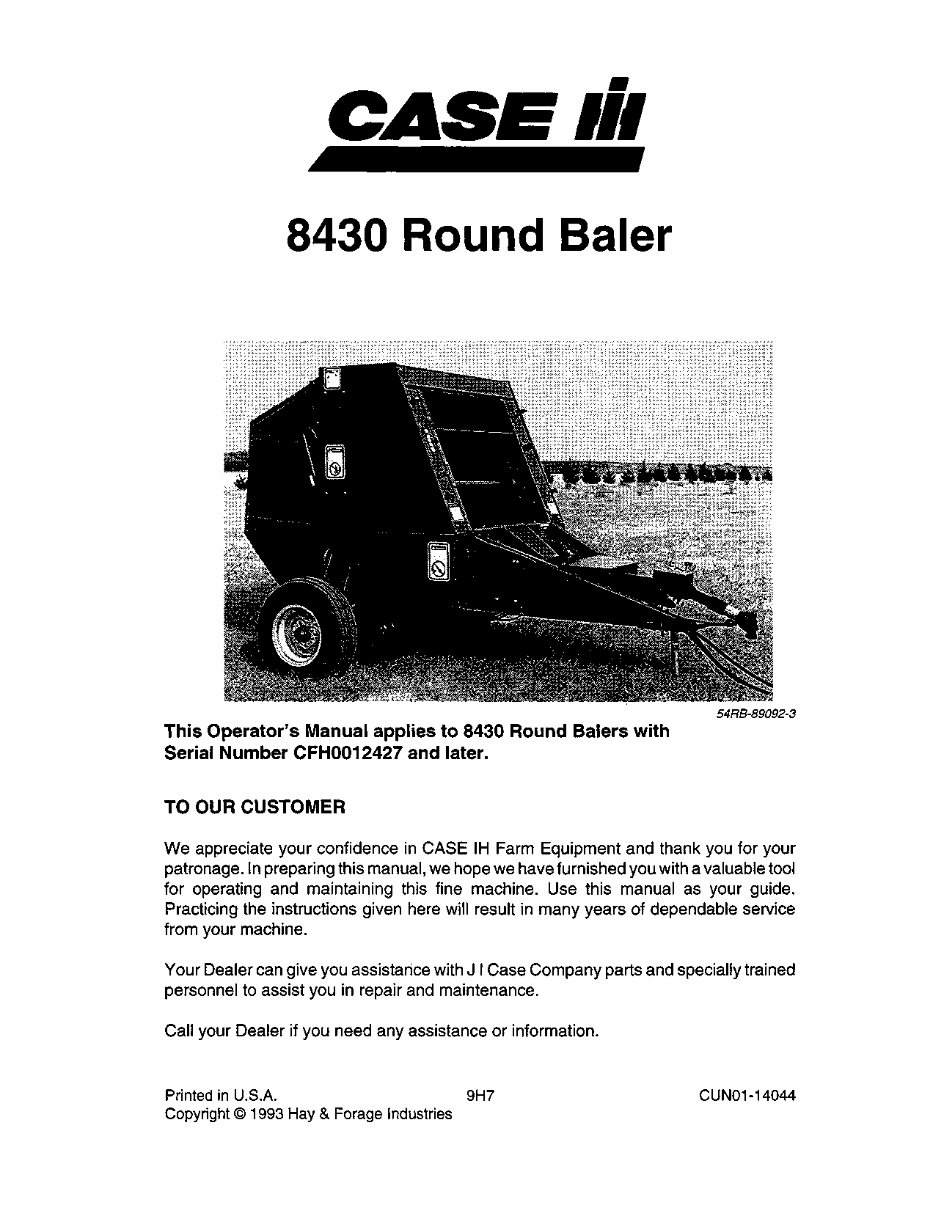 CASE IH 8430 ROUND BALER Operators Manual #2 preview img 3