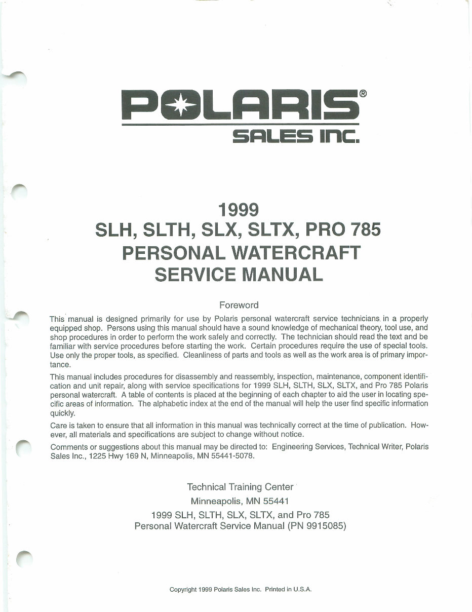 1999 Polaris SLH SLTH SLX SLTX Pro 785 Personal Watercraft Repair Manual preview img 2