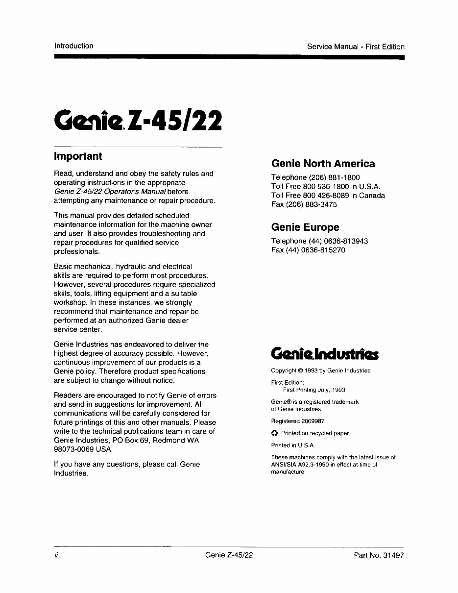 GENIE Z45-22 2WD 4WD Telescopic BOOM Lift Workshop Manual preview img 2