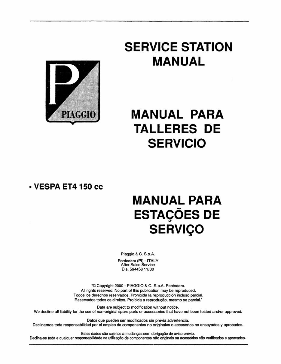 2000-2004 Vespa ET4 150 150cc Scooter Service & Repair Manual preview img 1