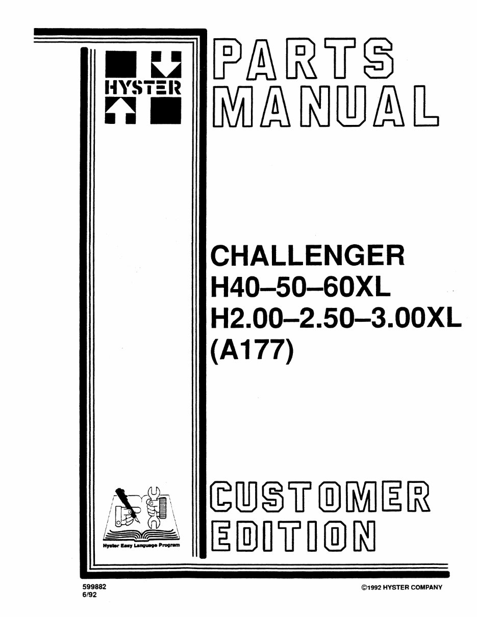 Hyster Challenger A177 (H40XL, H50XL, H60XL, H2.00XL, H2.50XL, H3.00XL) Forklift Parts Manual preview img 1