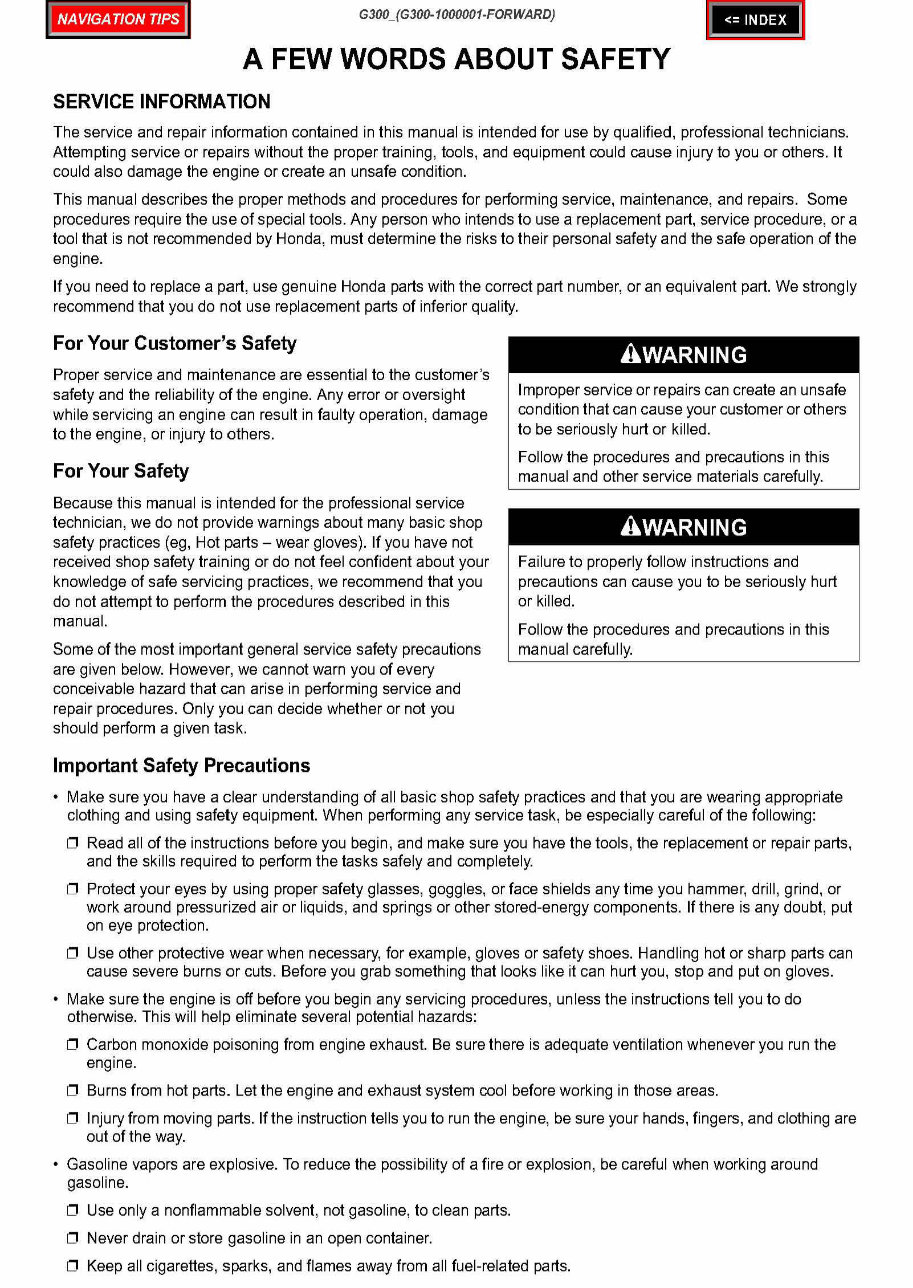 Honda G300 Horizontal Shaft Engine Complete Workshop Service Repair Manual preview img 1