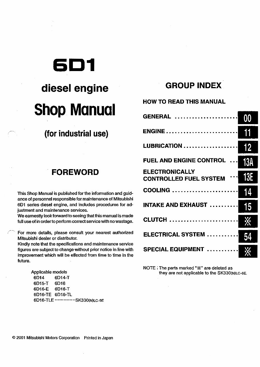 Mitsubishi 6D1 Diesel Engines (6D14/6D15/6D16) OEM Service & Repair Manual preview img 1