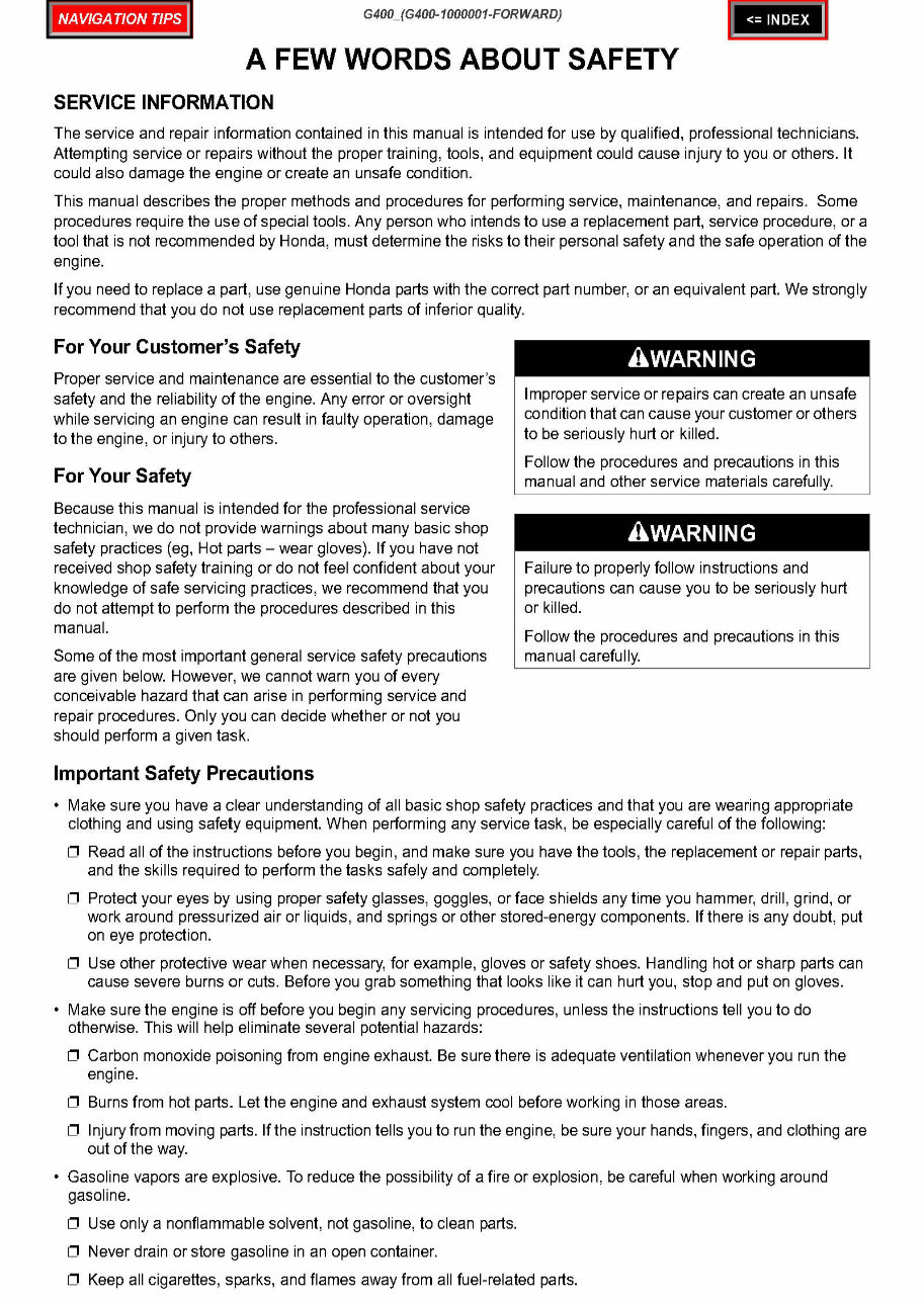 Honda G400 Horizontal Shaft Engine Repair Manual preview img 1