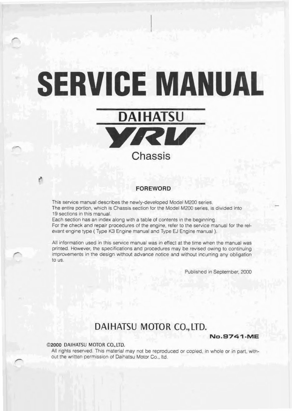 Daihatsu YRV (Young Recreational Vehicle) (Model M200) Workshop Service Repair Manual 2000-2005 (210MB, 900+ Pages, Searchable, preview img 1