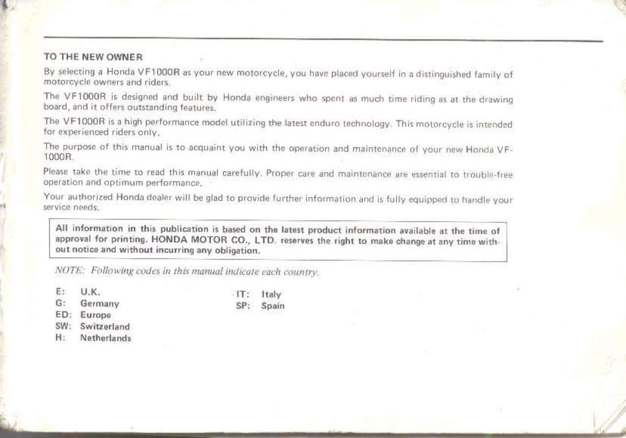 Honda VF1000 R Service Manual | Download Manual