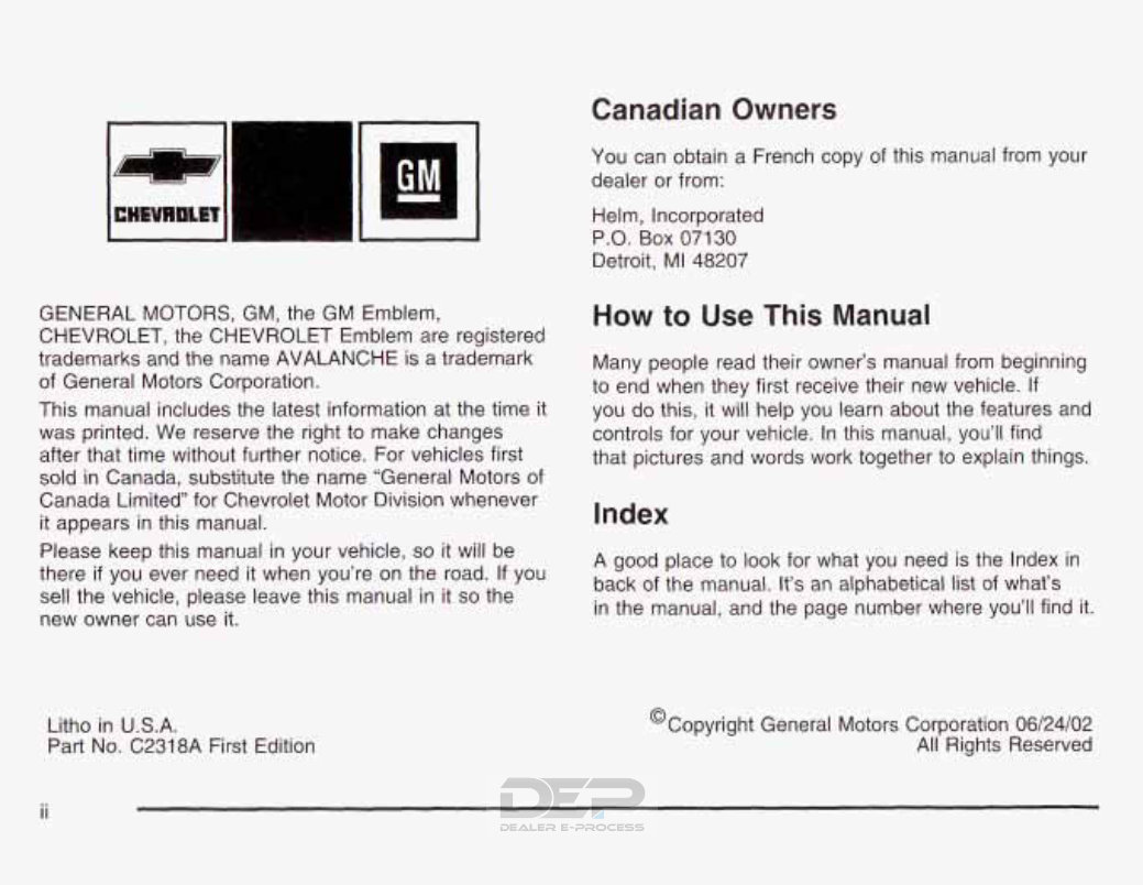 2003 CHEVY / CHEVROLET Avalanche Owners Manual preview img 3