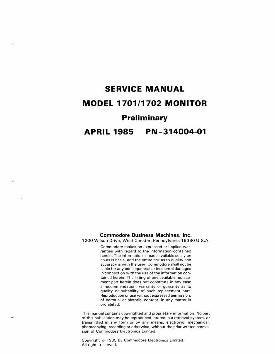 Service Manual COMMODORE 1701/1702 MONITOR preview img 2