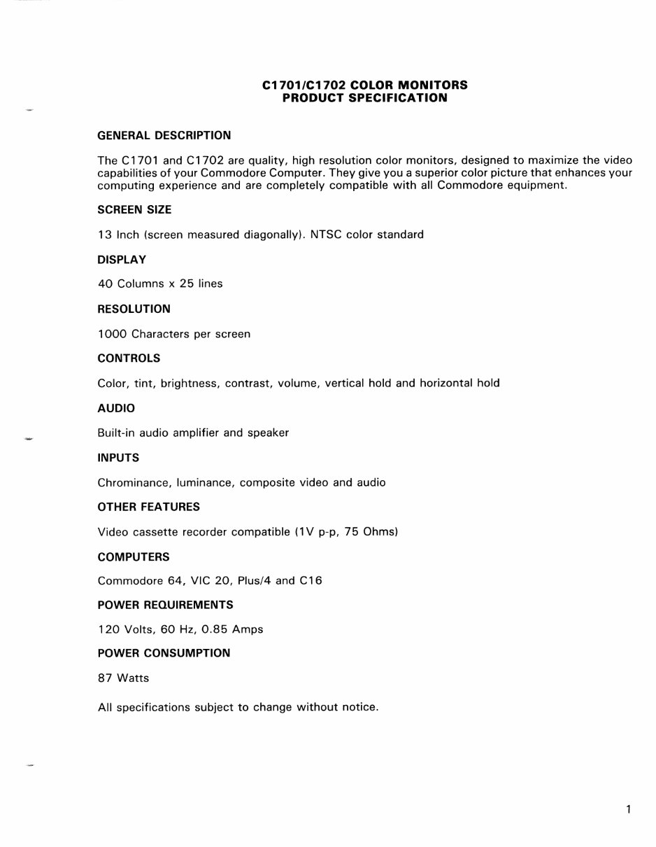 Service Manual COMMODORE 1701/1702 MONITOR preview img 5
