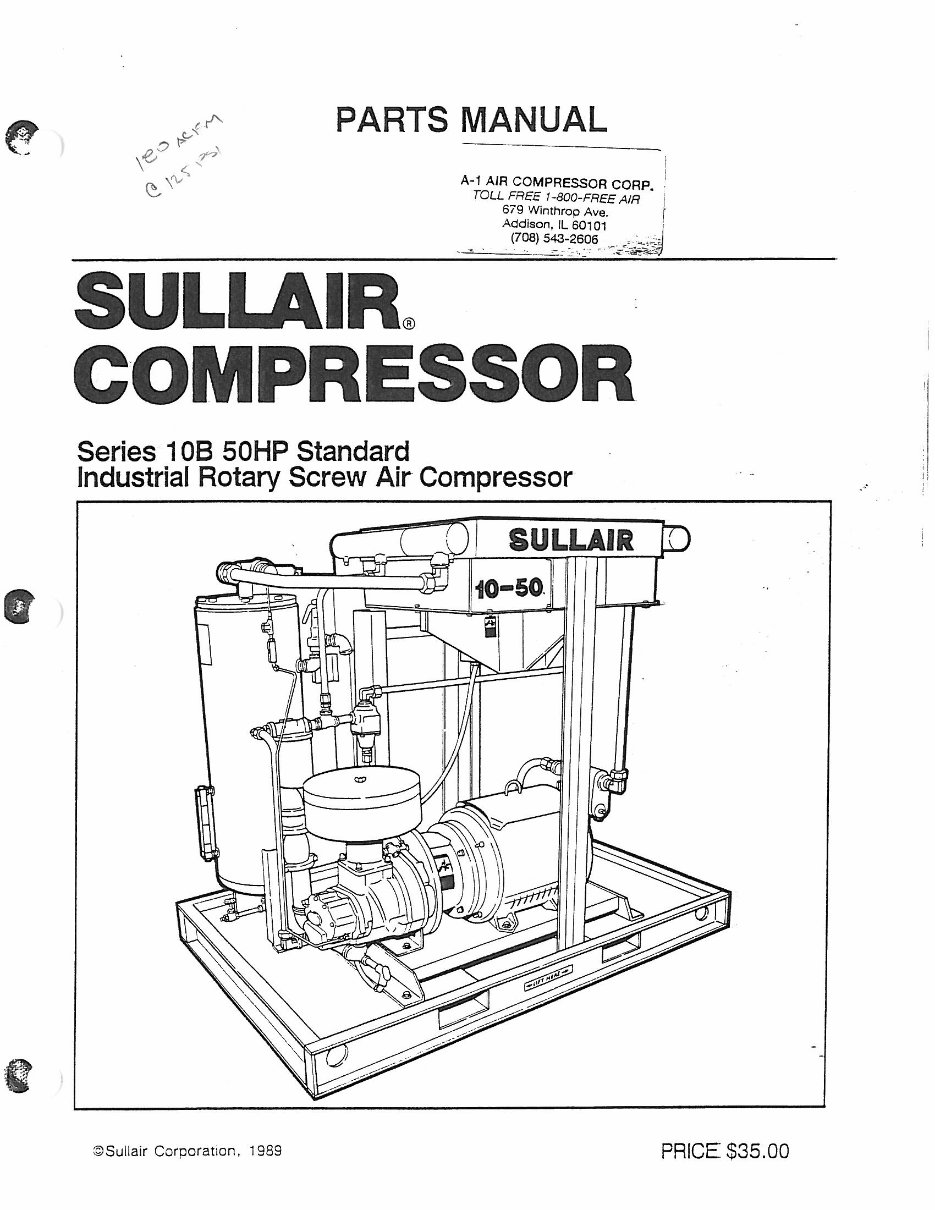 Sullair series 10B 50hp screw compressor parts book preview img 1