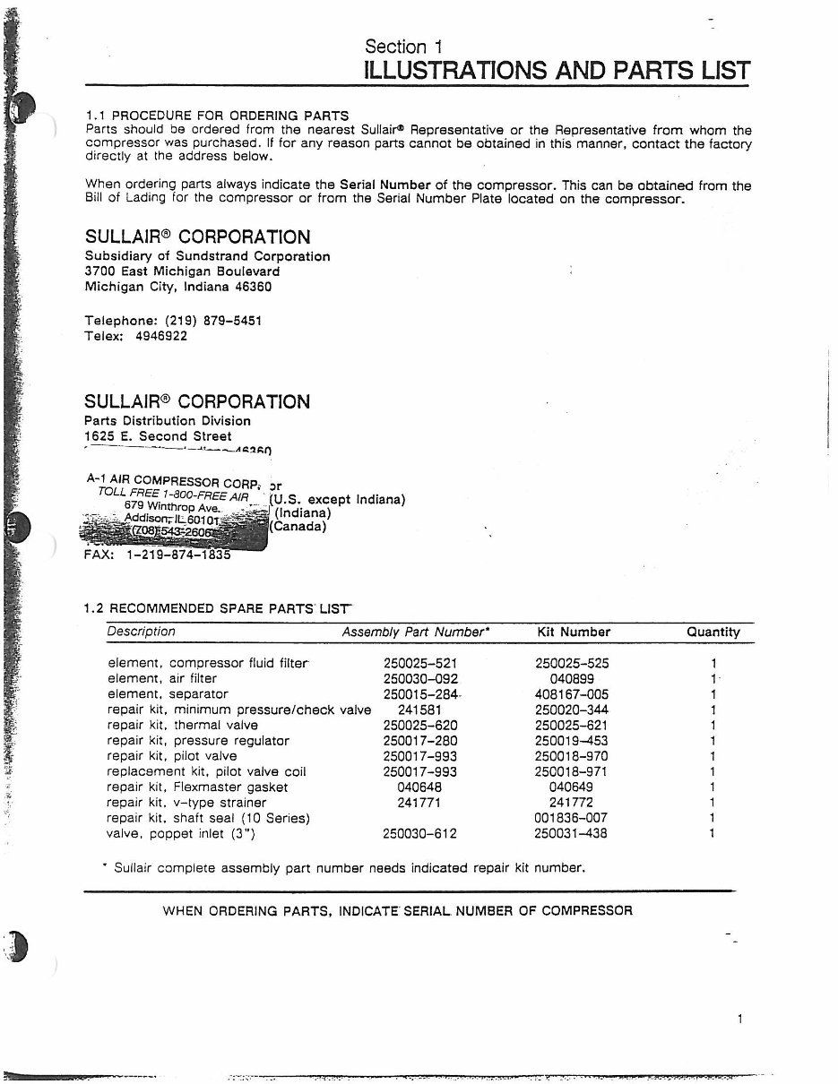 Sullair series 10B 50hp screw compressor parts book preview img 6