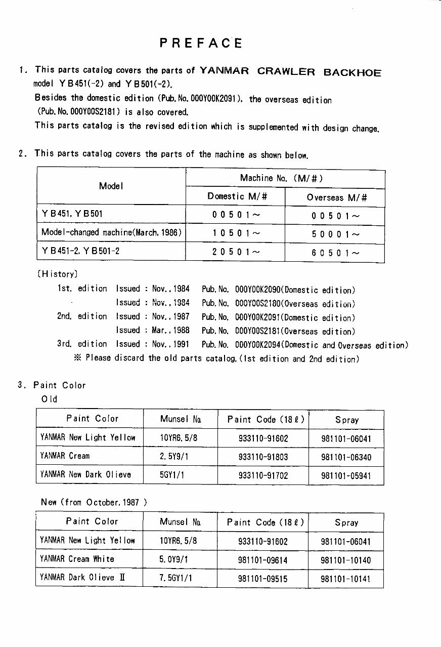 Yanmar YB451 YB501 YB451-2 YB501-2 Crawler Backhoe Parts Catalog Manual preview img 1