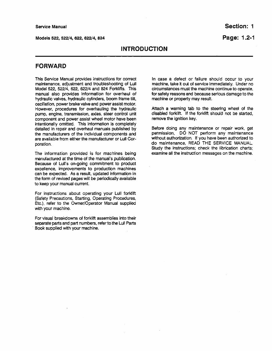 JLG Lull Telehandlers Models 522, 522/4, 622, 622/4, 824 Service Repair And Maintenance Manual (P/N:10709972) preview img 7