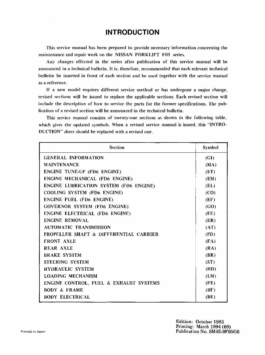 Nissan F05 Series Forklifts OEM Service & Repair Manual preview img 2