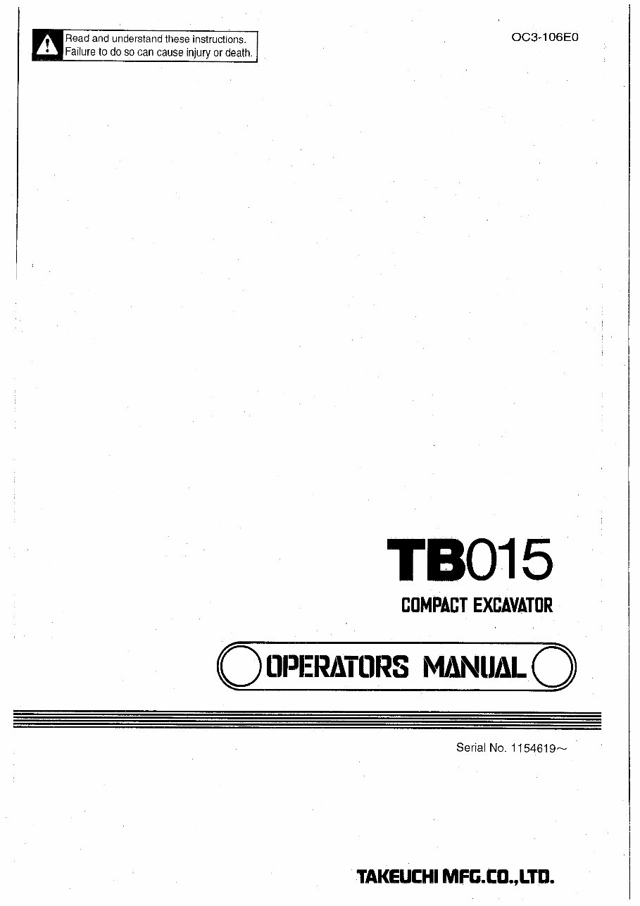 Takeuchi TB015 Compact Excavator Operator Manual 1154619 preview img 1